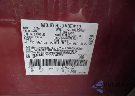 2016 Lincoln Mkx Select from USA, damaged, VIN 2LMTJ6KP6GBL87072